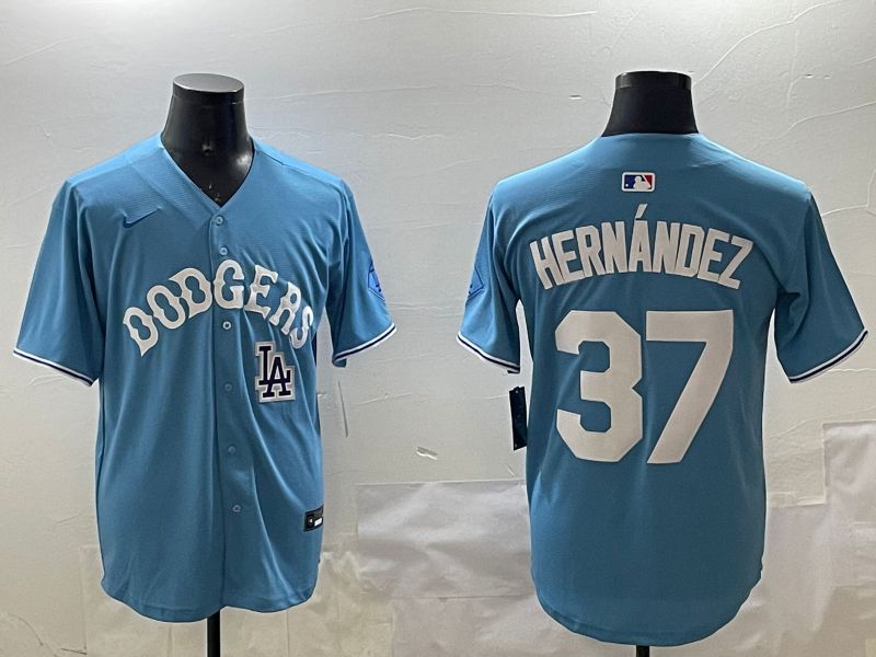 Men Los Angeles Dodgers 37 Hernandez Light Blue Joint Name 2025 Nike MLB Jersey style 24